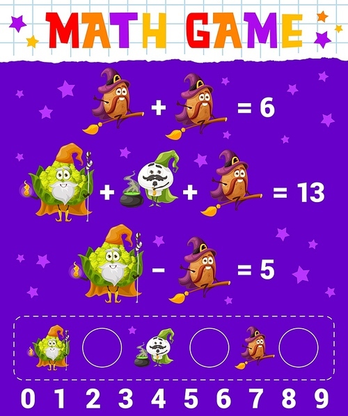 Cartoon vegetables wizard and warlock characters math game worksheet, vector education riddle. Kids math puzzle with potato, mushroom and Romanesco cabbage as wizards for mathematics count game