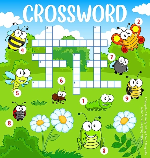 Cartoon funny insects on meadow crossword grid, find a word quiz worksheet. Vector search puzzle for children with caterpillar, butterfly, frog, bee, dragonfly, ant, fly, ladybug, beetle, cross word