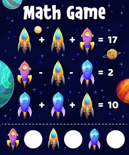 Starship, spaceship shuttles, math game worksheet or education maze, vector puzzle. Math game puzzle on addition and extraction, kid school mathematics and calculation puzzle with galaxy rockets