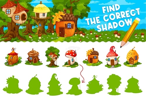 Fairytale cartoon houses, find the correct shadow kids maze game worksheet. Vector matching riddle with snail shell, cone, tree house, amanita mushroom and acorn or beehive dwellings, children task