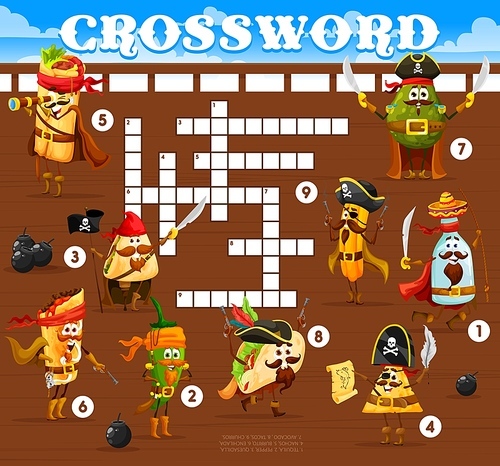 Crossword grid, cartoon Mexican food pirate and corsair characters, vector word quiz game. Crossword worksheet grid to guess words of funny burrito and taco in pirate tricorne hat, avocado and tequila