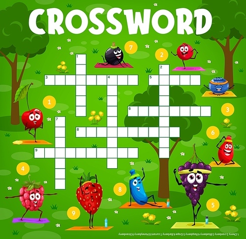 Crossword grid cartoon berry characters on yoga fitness. Word search puzzle game worksheet. Vector kids quiz with rose hip, cranberry, blueberry, strawberry and grape, raspberry, honeyberry or currant