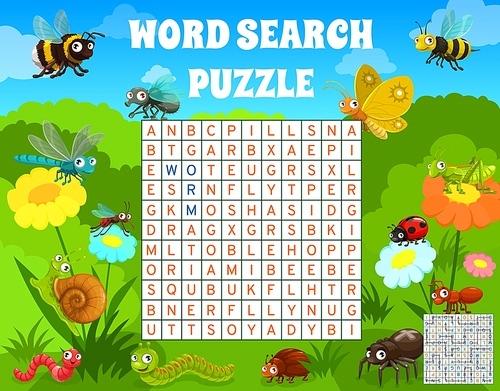 Cartoon funny insects on meadow, word search puzzle or quiz game, vector, worksheet. Kids riddle grid to search and find words of bee, wasp or bumblebee with bug, ant and caterpillar in forest