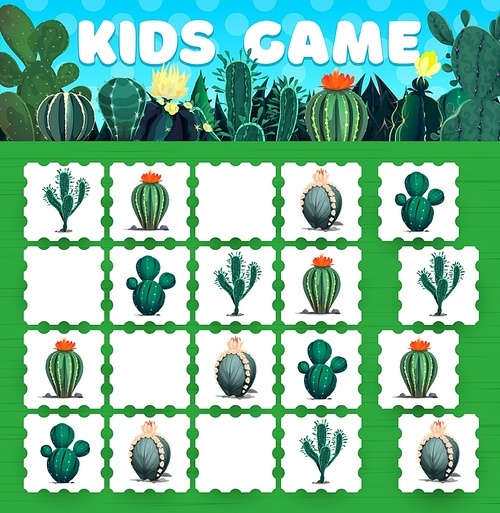 Cactuses and succulents sudoku kids game worksheet. Vector block puzzle, logic maze or quiz of children educational activity with border of cartoon cacti and flowers, saguaro, consolea and opuntia