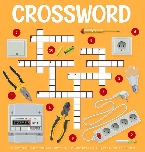 Electrician tools and equipment crossword grid, find word quiz game, vector worksheet. Crossword puzzle to guess words of electrician tools, lamp bulb and electricity indicator, battery and socket