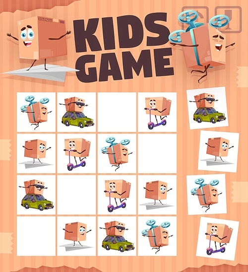 Sudoku game worksheet. Cartoon package box characters. Kindergarten children sudoku, vector puzzle game or preschool kids rebus page with funny delivery cardboard boxes, cute parcel personages