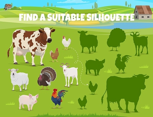 Find the suitable silhouette of farm animals. Kids game worksheet of matching puzzle quiz with chickens, cow, sheep and rooster, pig and turkey on green farm field background with barn and farmhouse