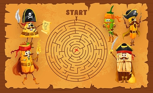 Round labyrinth maze, cartoon mexican food pirate and corsair characters. Vector find hidden treasure worksheet riddle. Nachos, tamales, jalapeno pepper, churros and burrito filibusters with old map