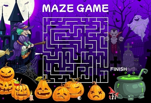 Halloween labyrinth maze. Help to witch find a potion cauldron and pumpkins. Kids search path riddle or quiz vector worksheet with Halloween Jack o lanterns, witch, vampire and sorcerer characters