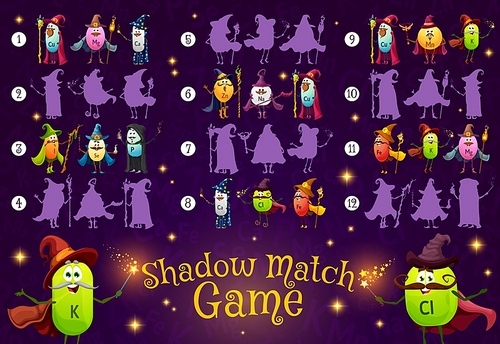Shadow match game, cartoon micronutrients wizard and mage characters, vector kids puzzle. Find correct shadow or silhouette of calcium, magnesium or iron with magic wand, potassium and zinc sorcerer