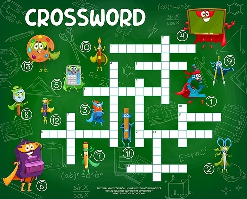 Crossword quiz game grid. Cartoon school education superhero characters. Crossword puzzle vector worksheet with palette, brush, calculator and magnifying glass, marker, backpack cute personages