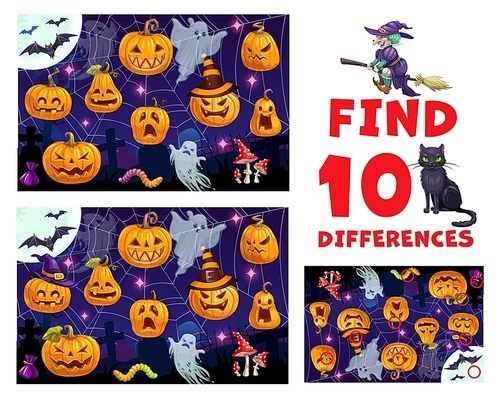 Find ten differences. Halloween pumpkins. Difference search quiz or kids Halloween puzzle vector worksheet with Jack o lanterns faces, scary ghost on cemetery, witch flying on broom and black cat