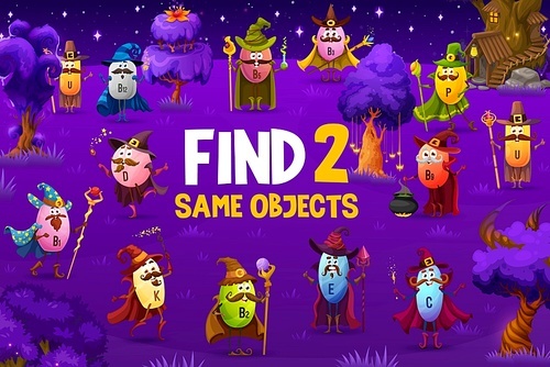 Find two same cartoon vitamin wizard and mage characters. Find same picture playing activity or child puzzle vector worksheet with U, B, and C, E, K vitamin sorcerer cute personages on fantasy meadow