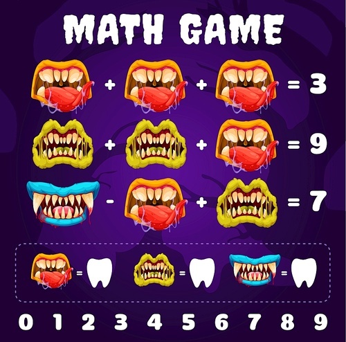 Cartoon Halloween monster mouth and jaws, demon face. Math game worksheet. Child mathematical puzzle or quiz vector worksheet with Halloween monsters, evil beasts toothy mouth with dripping saliva