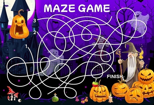 Labyrinth maze. Help to sorcerer find a Halloween pumpkin lantern. Child labyrinth puzzle or maze riddle vector worksheet with Halloween Jack o lantern, sorcerer character and Dracula vampire castle