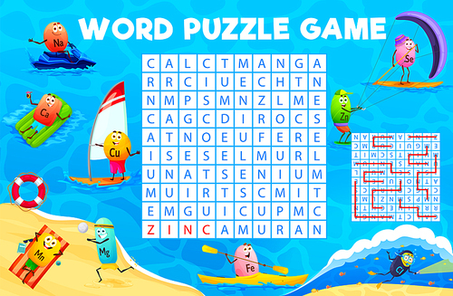Word search puzzle game of cartoon vitamin and mineral characters on beach vacation. Kids education vector worksheet with funny multivitamin pills swimming, sunbathing, diving, riding boat and jet ski