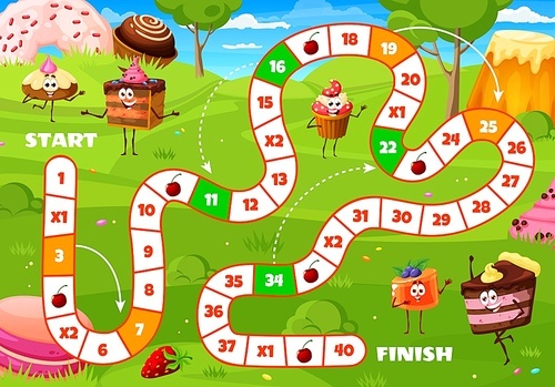 Board step game of cartoon dessert, sweets and cake characters on meadow with vector path of numbered steps and arrows. Kids puzzle worksheet with chocolate cream cake, cupcake and muffin personages