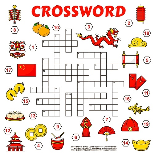 Chinese holiday items crossword grid, find word quiz game, vector worksheet. Crossword riddle grid or puzzle to guess words of Chinese new year lantern, good coins and fireworks with cookies
