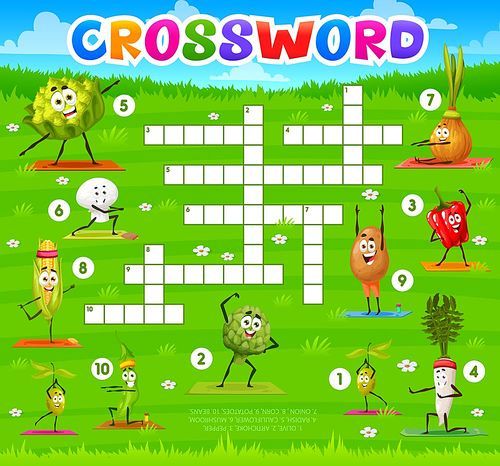 Cartoon vegetables on yoga fitness crossword grid. Find a word quiz game. Vector worksheet with funny olive, artichoke, pepper and radish, cauliflower, mushroom, onion with corn, potatoes and beans