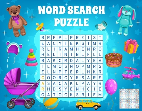 Cartoon kids toys word search puzzle worksheet, kids quiz game. Vector crossword grid with bear, pyramid, stroller and helicopter. Ball, balloon, cake and socks, pacifier, hare, baby hat and gift box