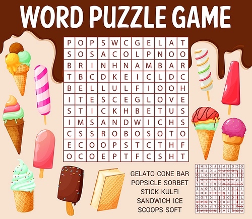 Ice cream cones and desserts, word search puzzle game worksheet, kids quiz grid. Vector crossword task for children with kulfi, gelato, bar, soft, popsicle, cone, stick, scoops, sandwich and sorbet