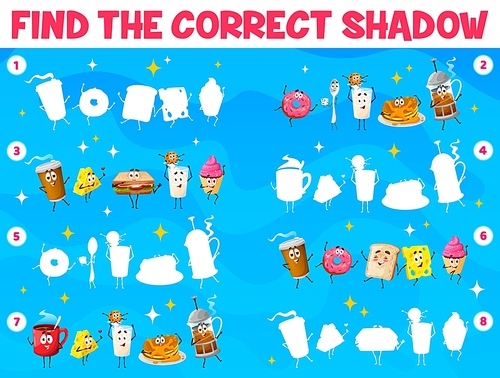 Cartoon breakfast food characters. Find the correct shadow. Shadow match puzzle, similarity search quiz vector worksheet with sandwich, donut and pancake, toast, cheese and coffee cheerful characters