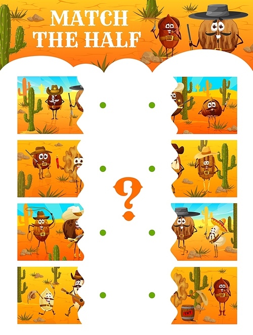 Wild West. Match the half of cartoon cowboy, bandit and ranger nut characters. Matching quiz vector worksheet, kids game with western cowboy hazelnut, coffee bean, walnut and cashew nut personages