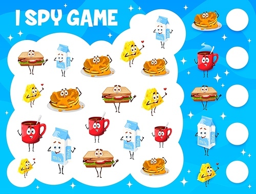 I spy game. Breakfast food, snack and dairy cartoon characters. Child counting puzzle, kids object finding and calculation game vector worksheet with sandwich, milk pack and cheese, pancake, coffee
