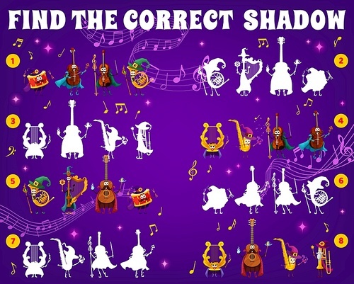 Shadow match game, wizard and fairy musical instrument characters, vector sound music waves. Find correct shadow, kids puzzle game with cartoon violin sorcerer, trumpet magician and drum warlock