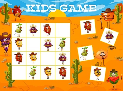 Sudoku kids game of cartoon cowboy, ranger and bandit fruit characters. Vector block puzzle worksheet with Wild West quiz of Western lychee, melon, fig and pear, watermelon and grapes in Texas desert