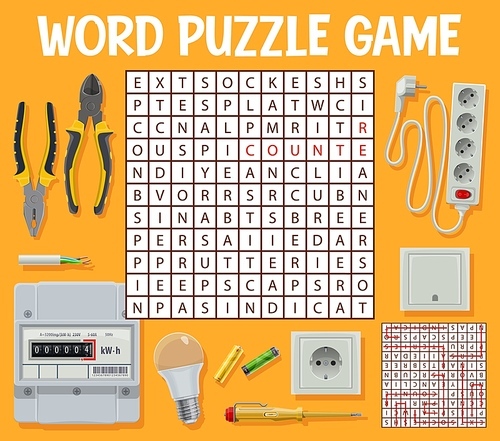 Electrician tools and equipment, word search puzzle game, vector worksheet. Riddle game to search word in grid with electrician tools, pliers and nippers, socket extension and voltage indicator