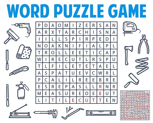 Repair and construction tools. Word search puzzle game worksheet. Quiz grid, vector riddle with drill, spatula and utility knife, carpenter rule, ax and paint roller, sprayer and tile cutter, file