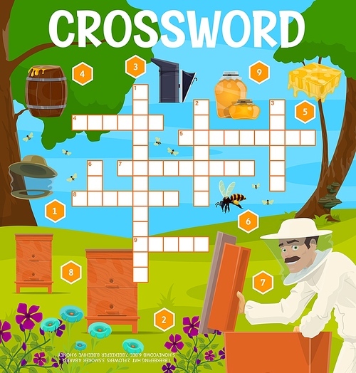 Beekeeping and apiary crossword grid worksheet. Find a word quiz vector game puzzle with cartoon beehives, honey, bee, honeycomb and beekeeper, beekeeping hat, smoker. Apiculture fill in squares game