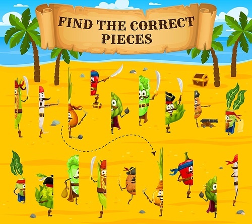 Cartoon vegetable pirates and corsairs characters, find correct half pieces, vector quiz. Half picture match puzzle game worksheet with broccoli pirate, corn corsair and radish captain with sword