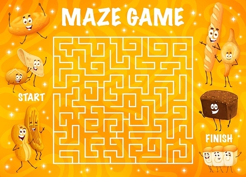 Labyrinth maze. Cartoon bakery, pastry and bread characters. Search path child quiz, labyrinth vector worksheet with tortilla, cunape, barbari and marraqueta, baguette, shokupan bread cute personages