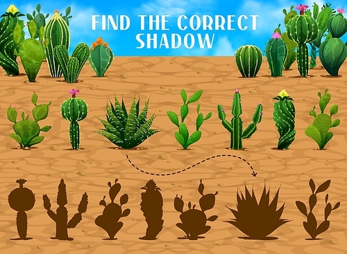 Find the correct shadow of mexican prickly cactus succulents. Shadow match child puzzle, similarity search game vector worksheet or silhouette find quiz with prickly succulent plants, desert cactuses