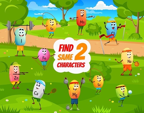 Find two same cartoon vitamin sportsman characters. Objects compare kids playing activity, same picture finding puzzle vector worksheet with Se, Zn, Ca and Mg, K vitamins hero pill cheerful personages