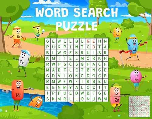Word search puzzle game. Cartoon micronutrient sportsman characters. Child crossword puzzle, children wordsearch quiz grid vector worksheet with doing exercises Na, Ca, Mn and Zn, Fe, Se vitamins