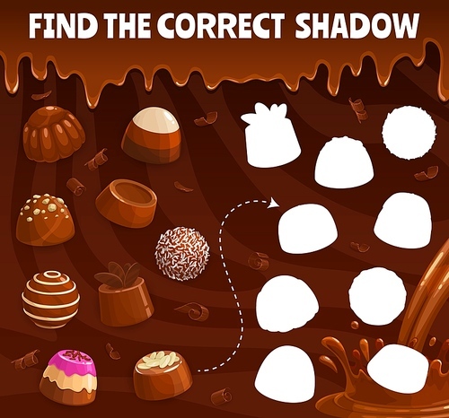 Find the correct shadow of chocolate praline and fudge candy. Souffle, truffle and jelly, hazelnut bonbons. Shadow match children quiz, similarity search puzzle vector worksheet with chocolate candies