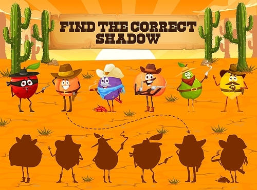 Find the correct shadow of cartoon fruit cowboy, ranger, sheriff and robber characters. Kids vector game worksheet with apple, peach, plum, mandarin, pear or lemon in western wild texas west desert