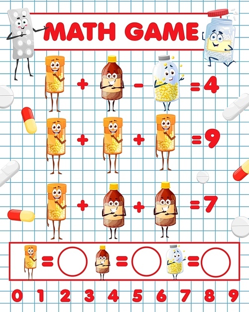 Cartoon pills and capsule characters math game worksheet. Vector mathematics riddle for children education and learning arithmetic equations. Development of calculation skills, puzzle task with remedy