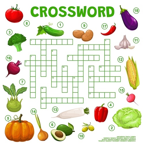 Raw farm vegetables, crossword game grid vector worksheet. Search and find word quiz with broccoli, kohlrabi cabbage and pumpkin, corn and cucumber, eggplant and pepper