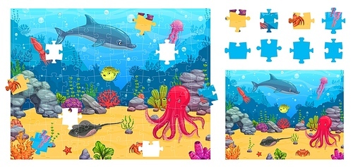 Jigsaw puzzle game pieces, underwater landscape, vector cartoon undersea background. Puzzle grid with sea fish and ocean animals, dolphin and octopus, crab and jelly fish, coral reef jigsaw pieces
