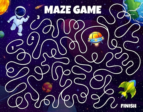 Kids space labyrinth maze, help astronaut to find spaceship in galaxy, vector game worksheet. Labyrinth maze puzzle to help to spaceman to find way to rocket and escape alien UFO in galaxy