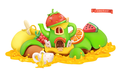 Fairytale house. Sweet fruits. 3d vector cartoon illustration