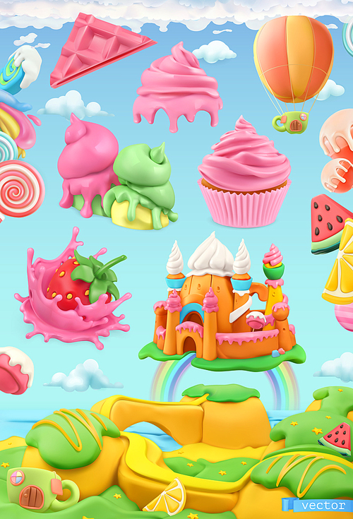 Sweet candy land. 3d vector object set. Plasticine art illustration