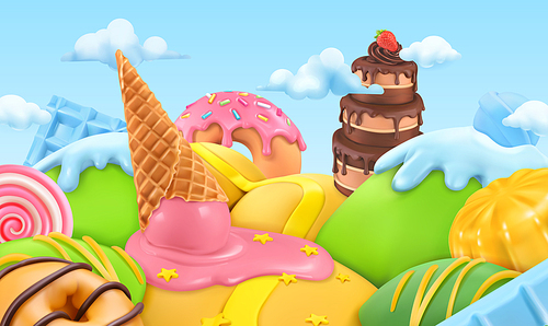 Sweet candy landscape. 3d cartoon vector background