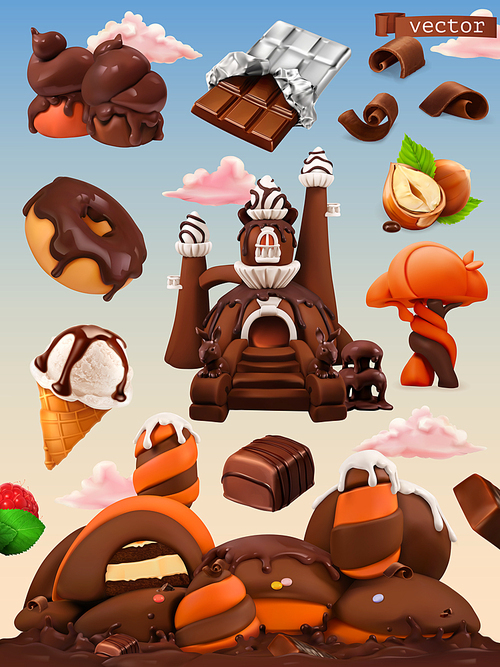 Sweet factory. Chocolate castle cartoon illustration. 3d vector icon set