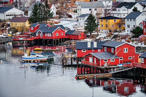 Reine fishing village on Lofoten islands with red rorbu houses in winter with snow. Lofoten islands, Norway