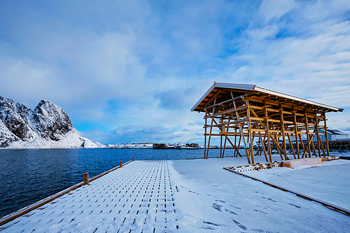 Drying flakes for stockfish cod fish in fjord in winter with snow. Sakrisoy fishing village, Lofoten islands, Norway